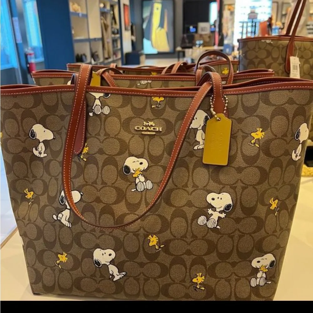 Coach X Peanuts City Tote In Signature Canvas Snoopy Woodstock Print NWT